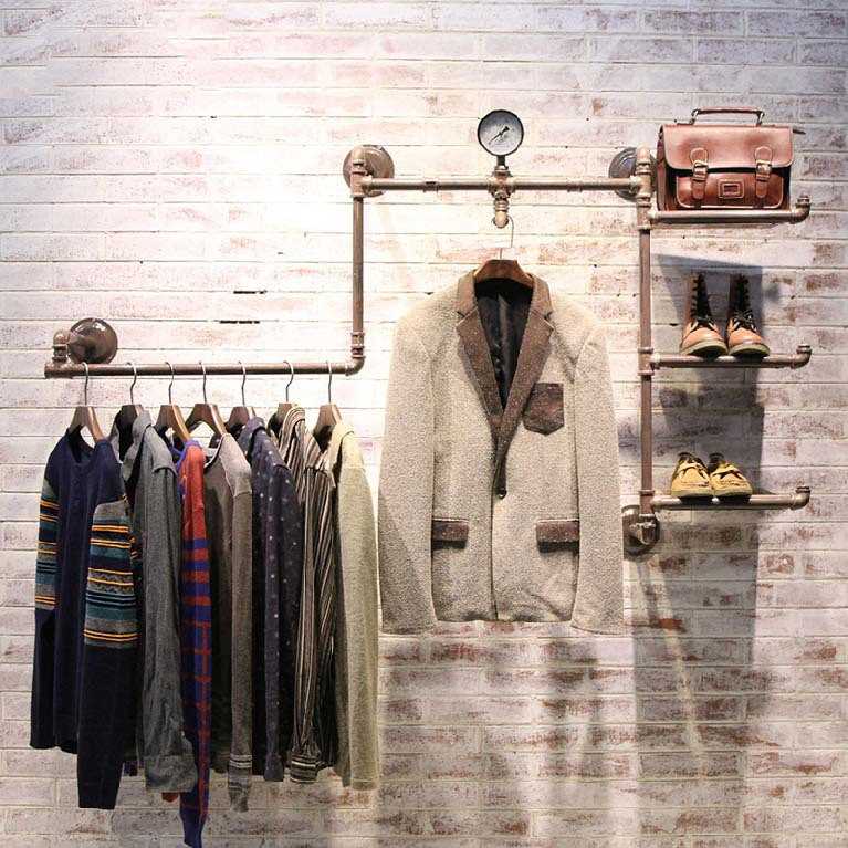 复古铁艺服装店衣架展示架做旧实木水管服装架上墙壁挂货架