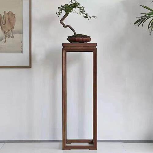 #新中式花架禅意老榆木角几室内落地式摆件架黑胡桃木实木花几木