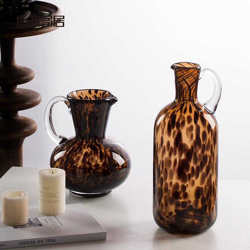 中古风玳瑁纹水壶型玻璃花瓶摆件家居软装饰品水培花器