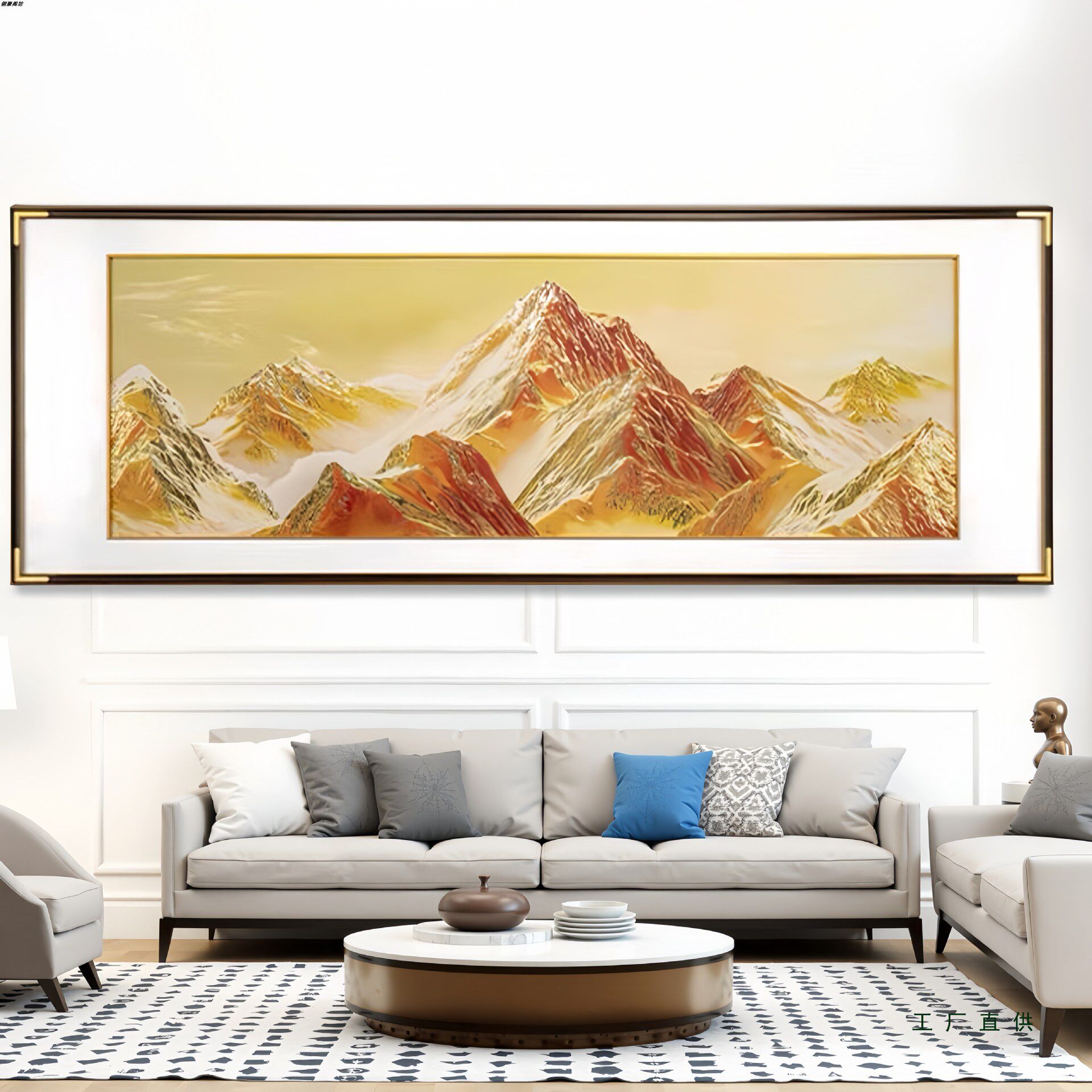纯手工錾刻铜雕聚宝盆日照金山沙发背景大气挂画客厅横版装饰画
