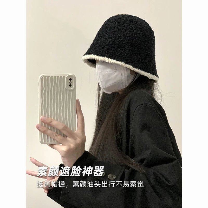 冬季渔夫帽子女百搭素颜大头围水桶保暖显脸小针织遮脸毛绒盆帽Y