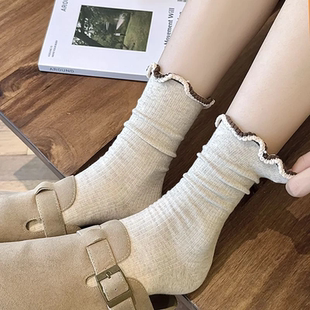 春夏灰色木耳边袜子芭蕾瘦腿透气花边蝴蝶结公主风堆堆中筒袜Y