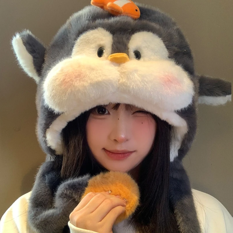 爆款卡通企鹅蓝色毛绒玩具公仔舒适帽子毛茸茸护耳帽雷锋帽冬天L