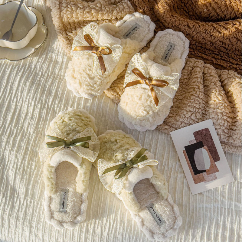 ins风韩版蝴蝶结防滑居家拖鞋女冬季月子鞋冬季棉拖鞋加厚情侣