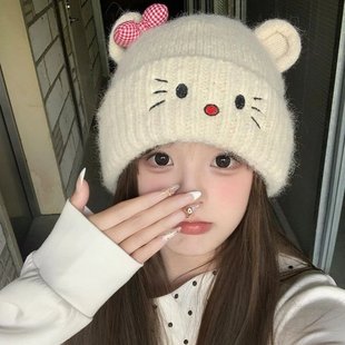 可爱猫耳朵毛线帽子女冬季保暖护耳针织帽百搭大头围显脸小冷帽M