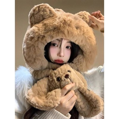 冬季可爱小熊帽子骑车保暖帽子围巾一体加厚加绒帽子护耳防风帽Y