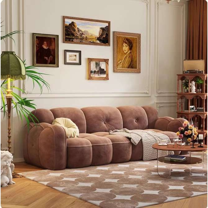 北欧轻奢乳胶小户型客厅简约现代绒布豆腐块拼色法式奶油云朵沙发