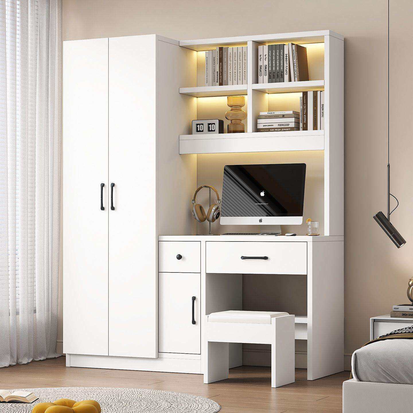 实木衣柜家用卧室带书桌一体组合小户型学生学习电脑桌连体衣橱厂