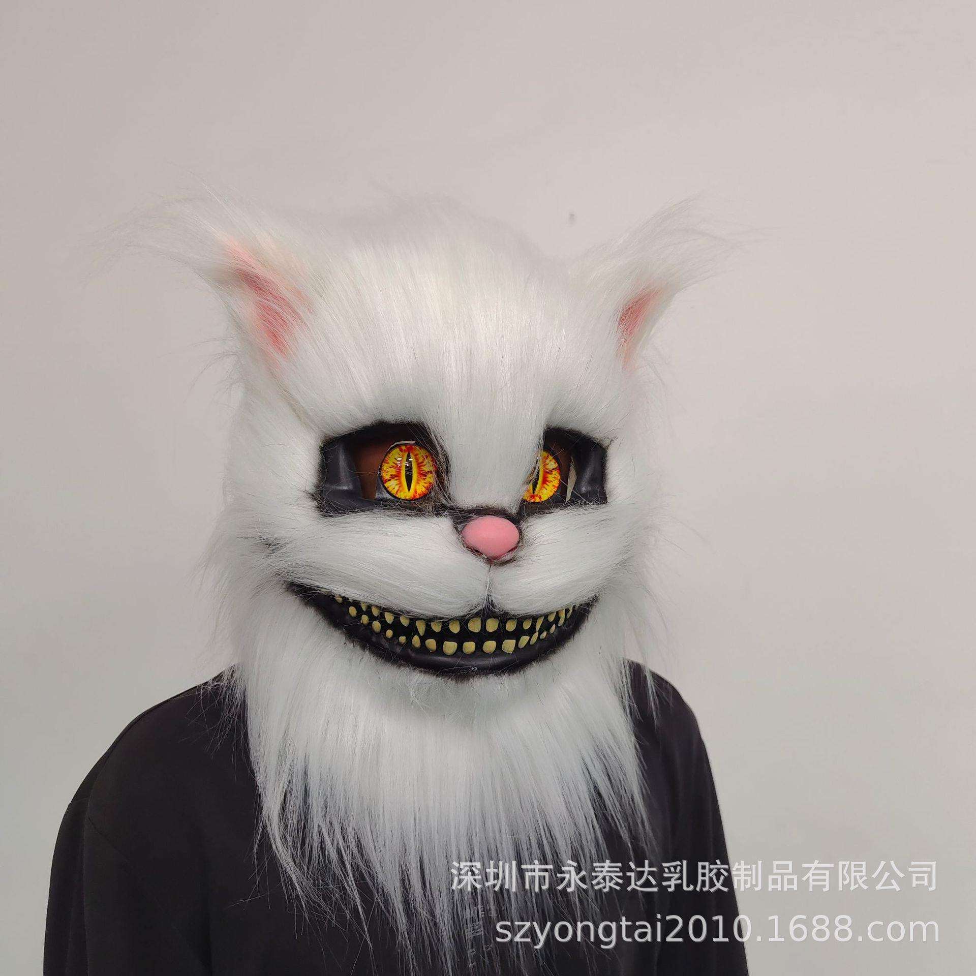 新款白猫头套爆款动物乳胶面具仿真乳胶猫黑色白毛发猫面具