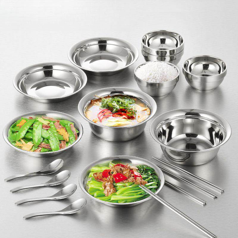 加厚不锈钢餐具碗盘套装户外露营家用厨房碗碟盘子防摔碗筷勺汤盆