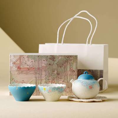 岩矿白手绘陶瓷茶壶套装家用茶水壶泡茶专用新中式茶具一人饮单壶