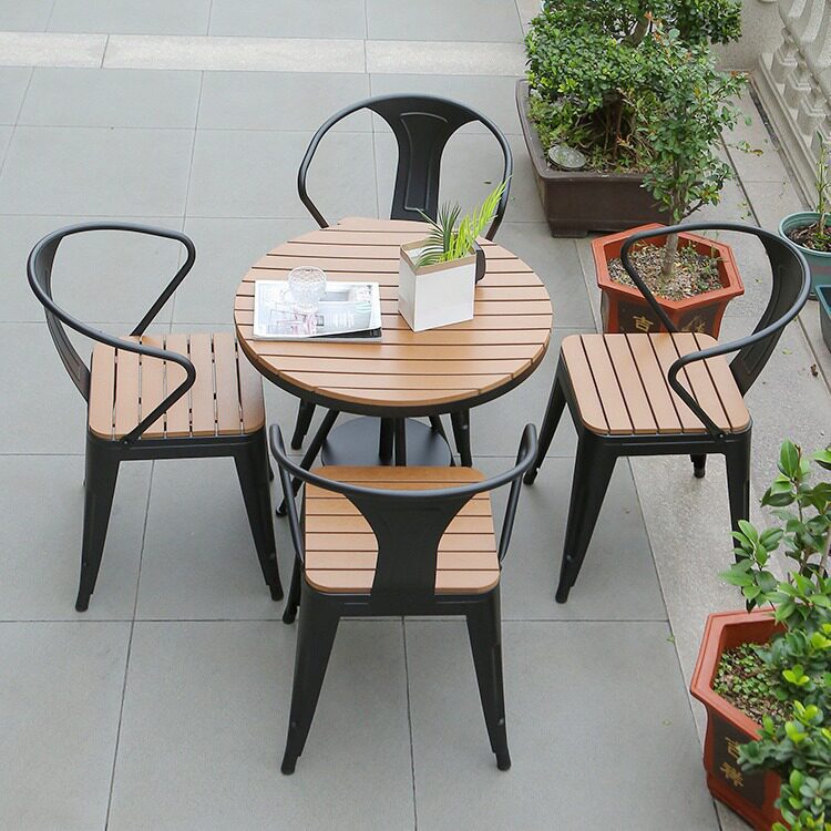 户外桌椅阳台茶几庭院露天休闲塑木圆桌奶茶店外摆餐桌椅一桌四椅