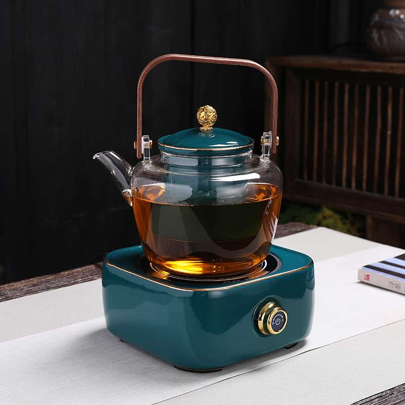 电陶炉煮茶器加热提梁壶陶瓷内胆过滤大容量玻璃茶壶孔雀绿煮茶炉