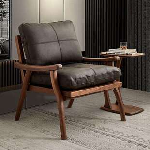 北欧黑胡桃木实木真皮奢华休闲椅轻奢意式极简阳台扶手椅单人沙发