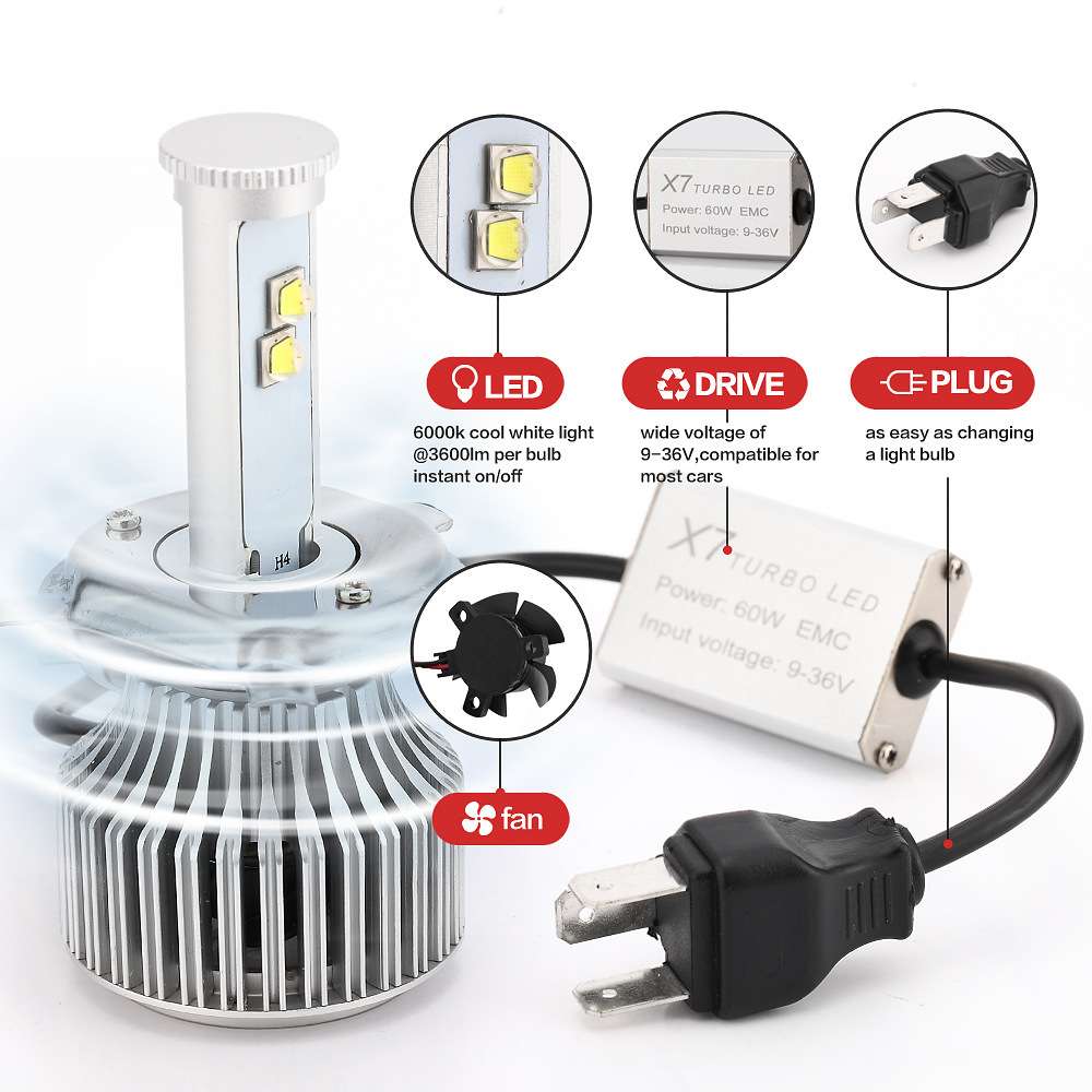 2件X7汽车LED大灯120W 9600LM H4汽车LED大灯灯泡 改装前照灯