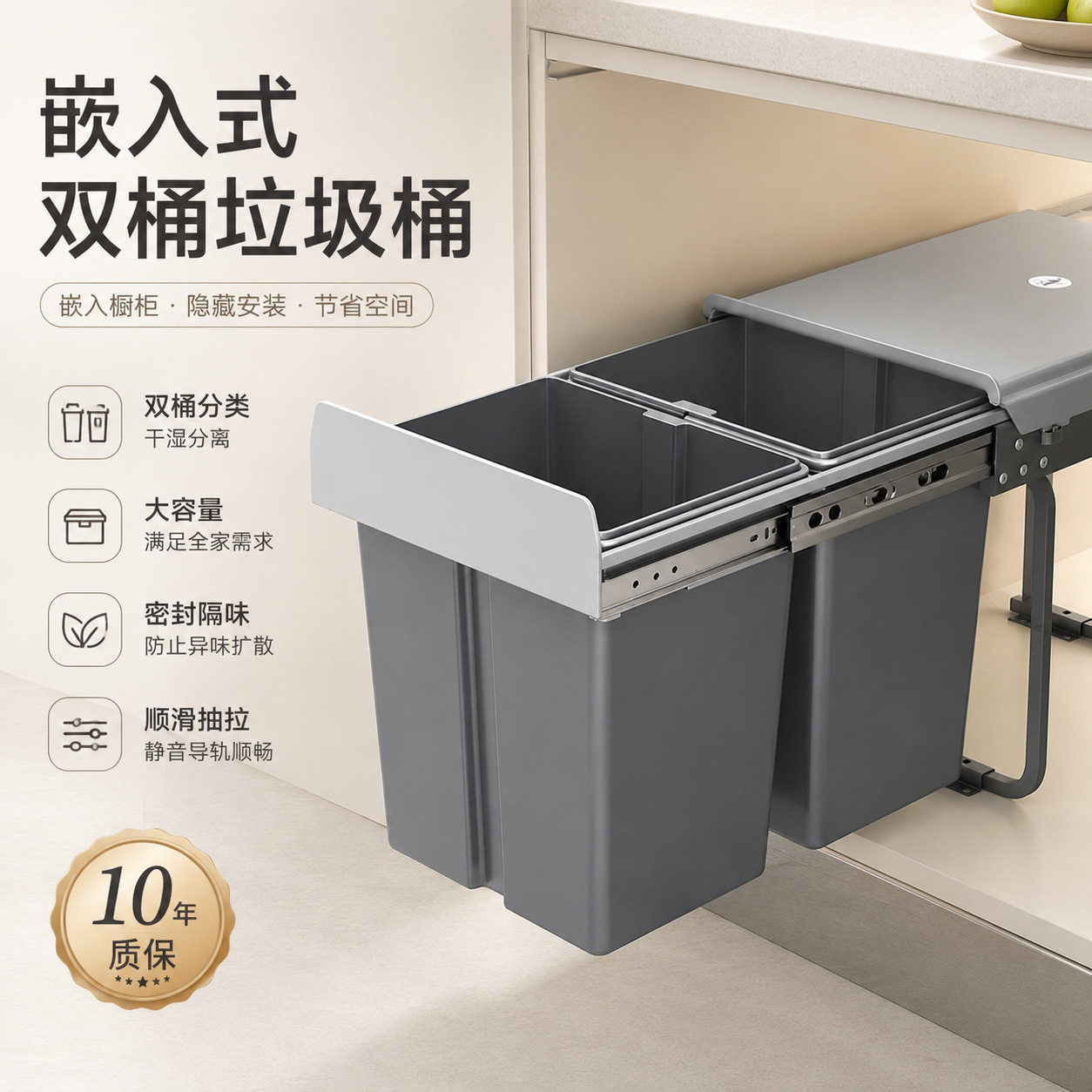 跨境厨房嵌入式垃圾桶橱柜内双桶家用带盖抽拉篮隐藏桶干湿分类