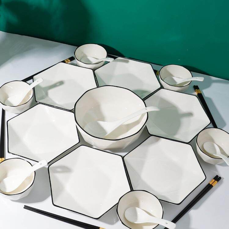 北欧风碗碟套装家用2025新款六角拼盘餐具高颜值陶瓷碗盘碗筷组合