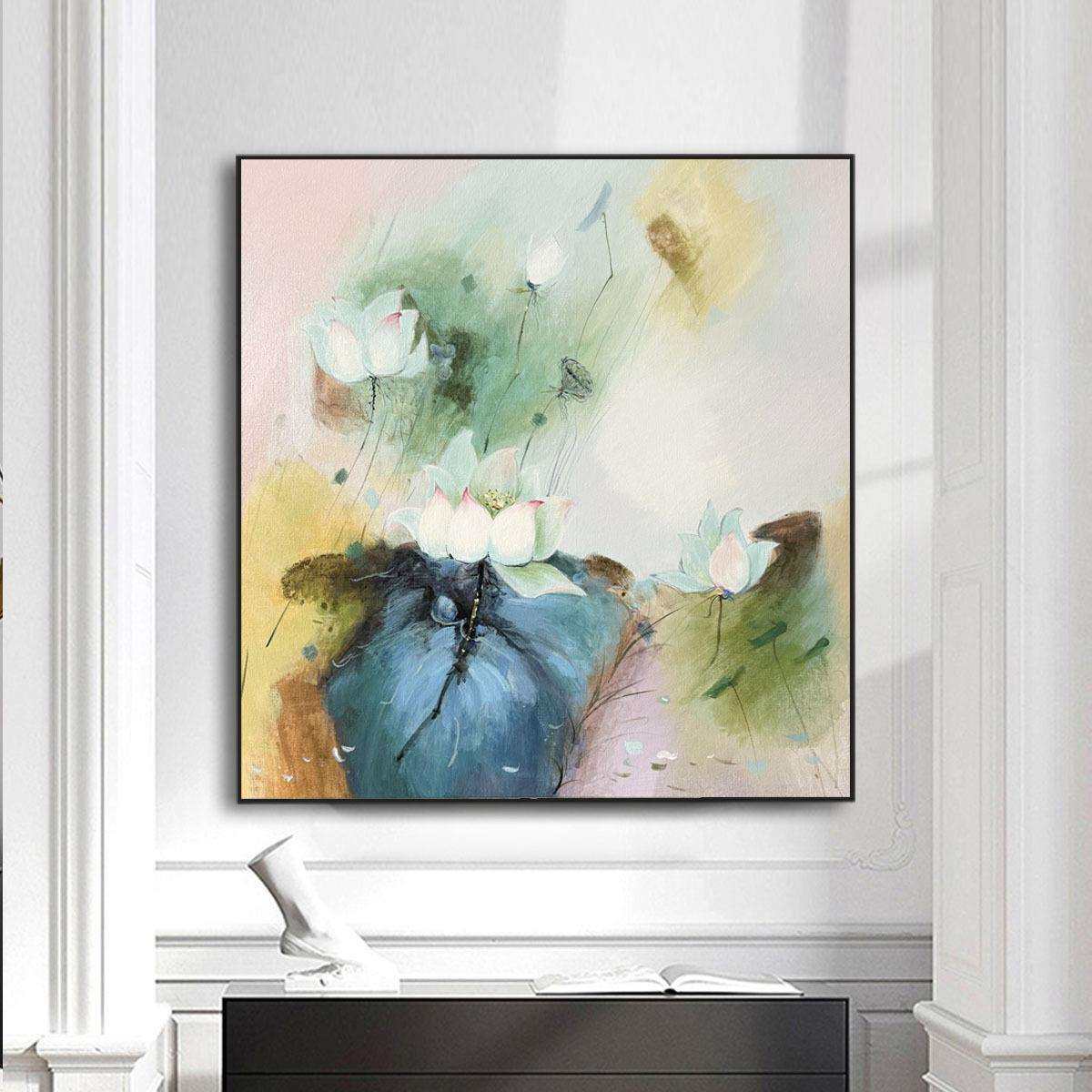 新中式花卉挂画入户客厅装饰画玄关走廊纯手绘荷花油画莲花壁画