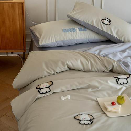 100S贡缎长绒棉高支四件套可爱毛巾绣棉床上被套床单床笠式