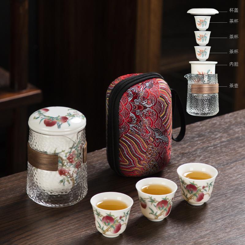5YA1羊脂玉玻璃旅行茶具套装小套便携包式一壶两二杯茶壶随行快客