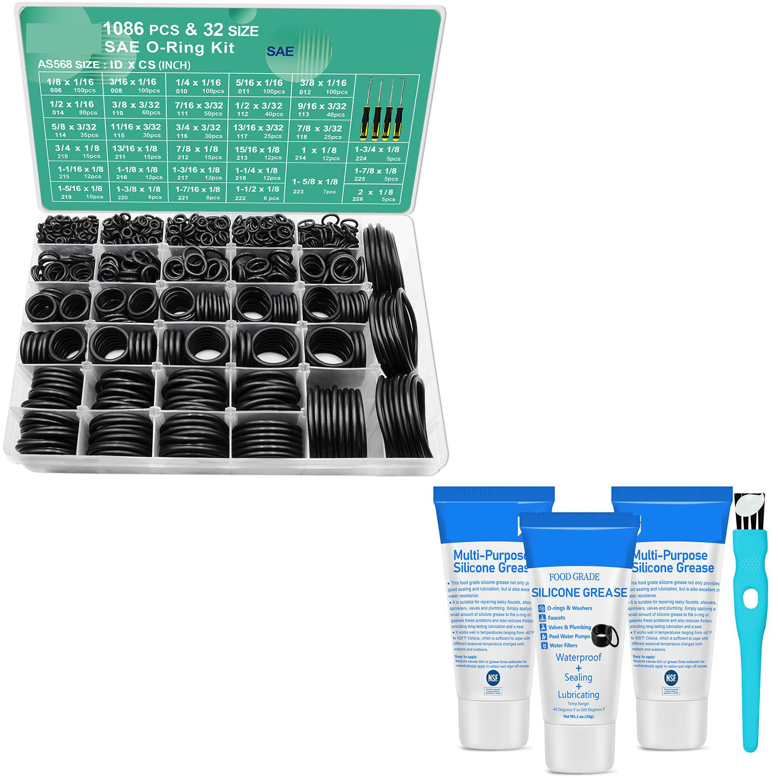 3盒硅脂+1086件美制O型圈+4件套挑钩工具汽车管道气密封维修套装