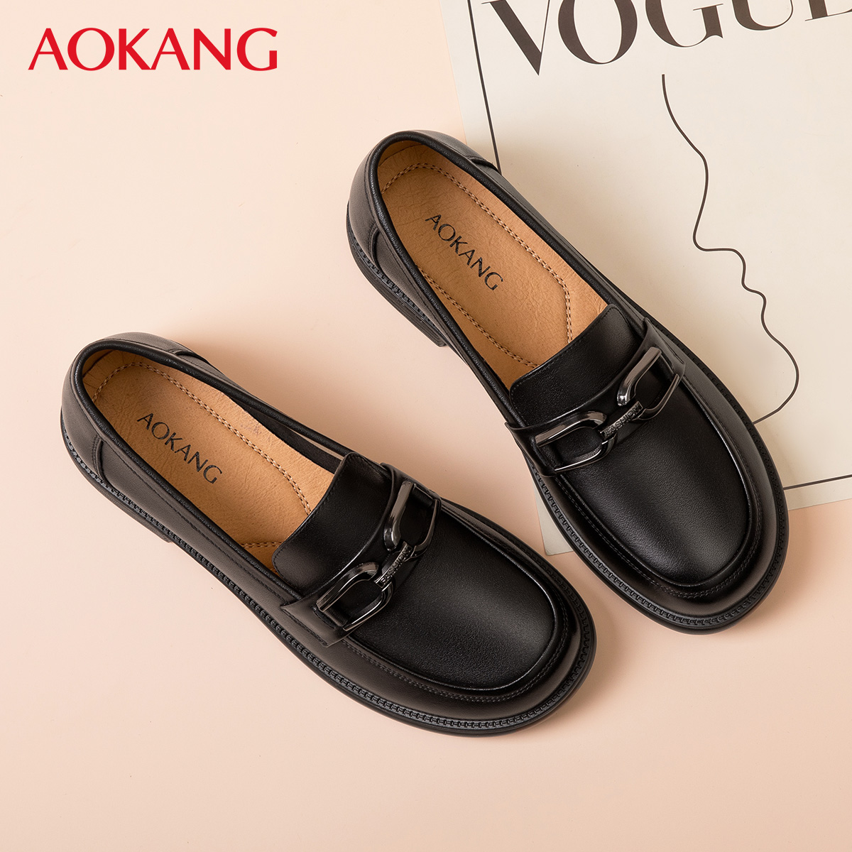 奥康秋季新款时尚女鞋真皮软底妈妈单鞋透气防滑乐福鞋中老年皮鞋