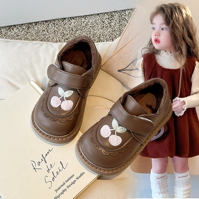 2025新款童鞋冬季保暖儿童加绒皮鞋女童棉鞋蕾丝花边卡通樱桃棉鞋