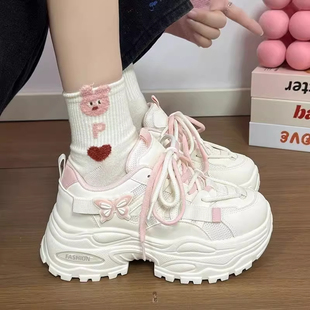 女童厚底老爹鞋女款2026新款春季女鞋小白鞋子女蝴蝶增高运动鞋女