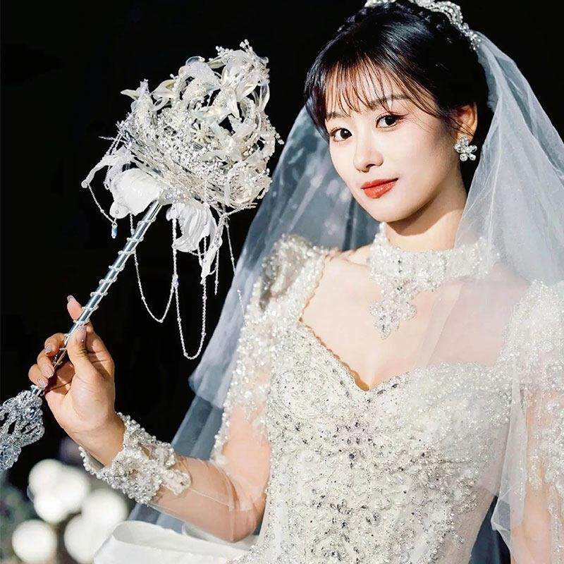 十樱婚礼权杖蓝色岛屿新娘结婚定制团扇手捧花diy材料包水晶重工