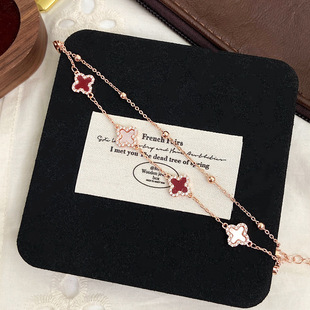 轻奢18K金双层四叶草玫瑰金手链女百搭au750彩金国风送情人节礼物