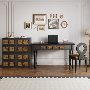 岚鸿黑色全实木书桌书柜组合香云纱桌白蜡木办公桌轻奢电脑写字桌