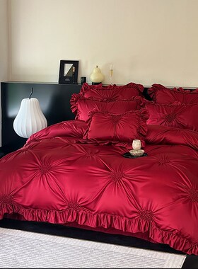 happylove红色结婚床上用品四件套婚庆喜被100S全棉女方陪嫁新婚