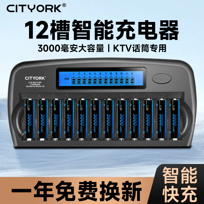 CITYORK KTV12槽充电器套装5号充电电池话筒无线麦克风专用大容量镍氢五号高耗电设置专用可充电