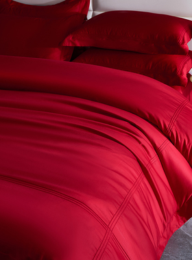 极速简约b新婚庆四件套大红色100S长绒棉被套结婚喜被纯棉床单床