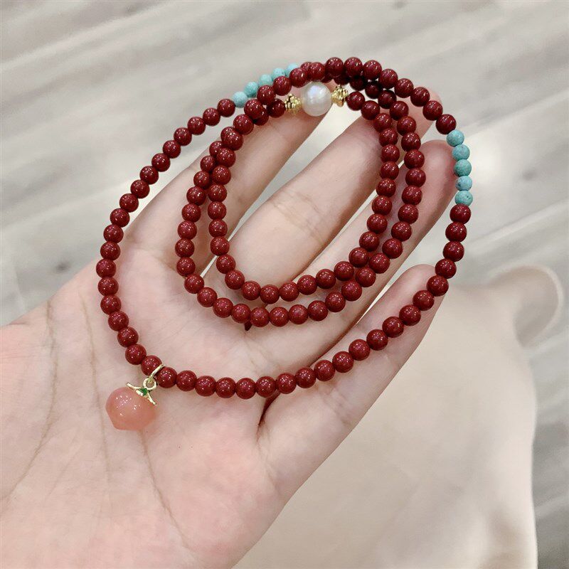 新品原矿珠子e搭配天然绿松石三圈女款手链 盐源玛瑙小桃子 绿松