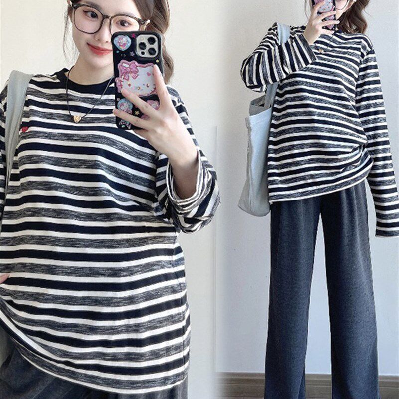 新品孕妇套装春秋款外穿洋气休闲C孕妇装潮妈长袖条纹上衣裤子两