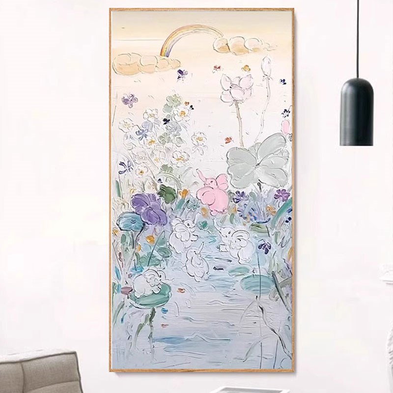 可爱卡通大象荷花池趣q味儿童房装饰画客厅玄关酒店餐厅肌理感挂图片