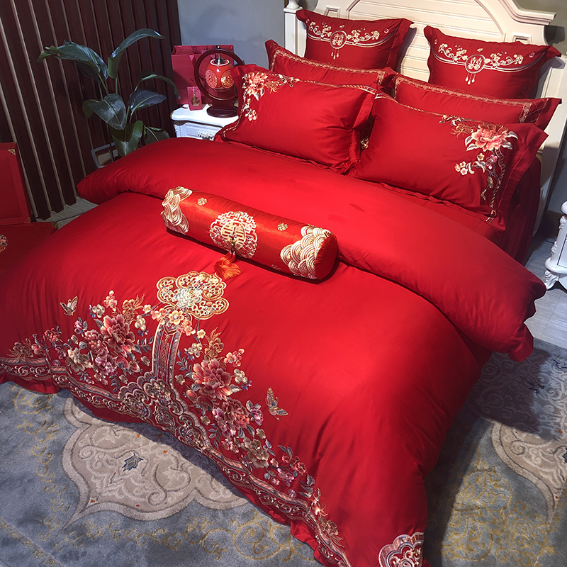极速高端刺绣四件套婚庆大红结婚床上用品L新婚床单被套4六件双人