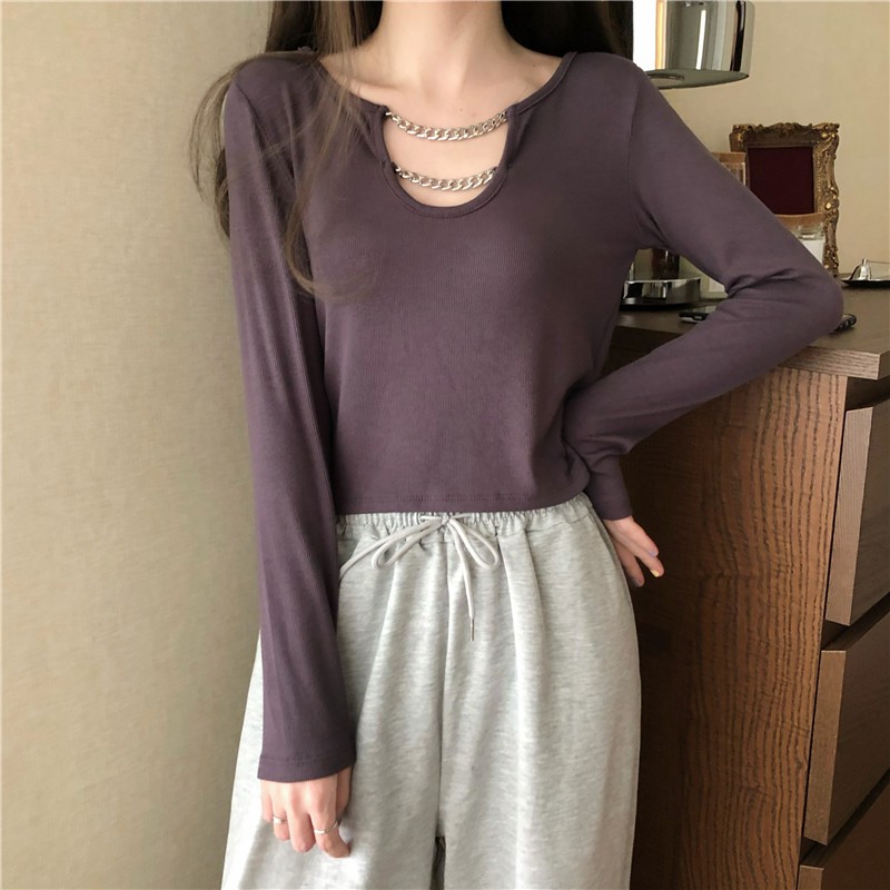 极速大码胖mm设计感短款上衣打底衫女春秋韩版修身显W瘦百搭长袖t