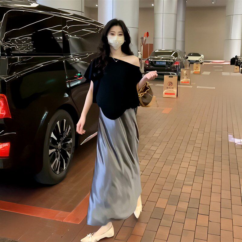 新品超好看夏季时尚套o装女黑色漏肩短袖T恤搭配高腰半身裙一整套