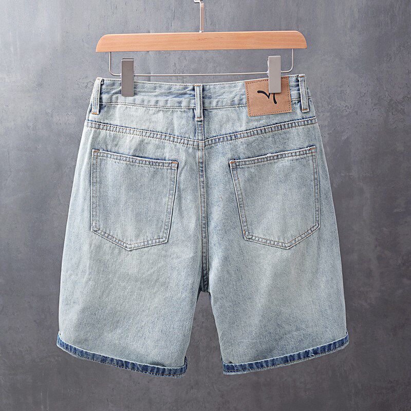 新品痞帅潮流浅色破洞牛仔短裤男C士做旧五分裤夏季美式宽松直筒