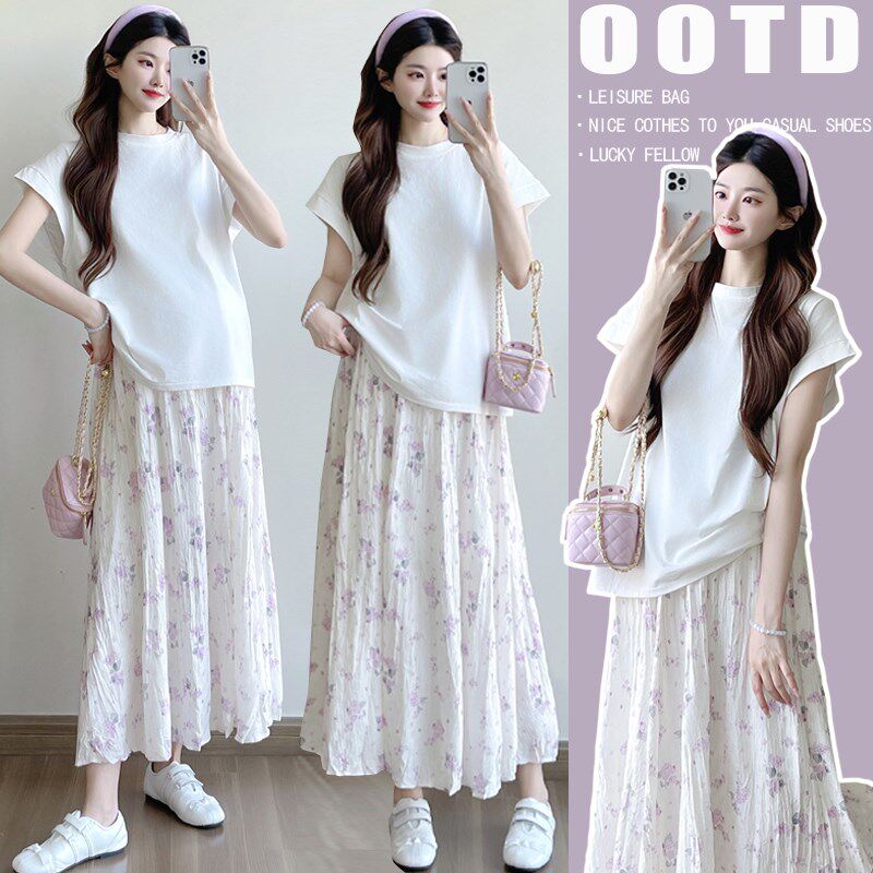 新品孕妇上衣夏装套装2025新款遮肚子I不显怀宽松t恤紫色半身裙两