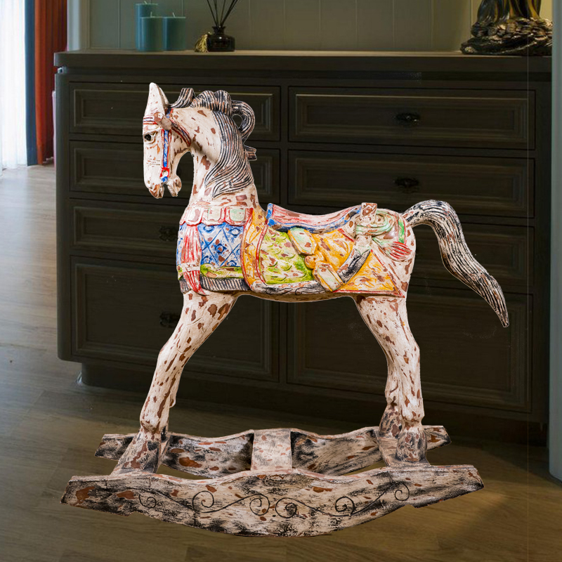 极速泰国进口木马落地q摆件新中式创意做旧摇摇马儿童房实木软装