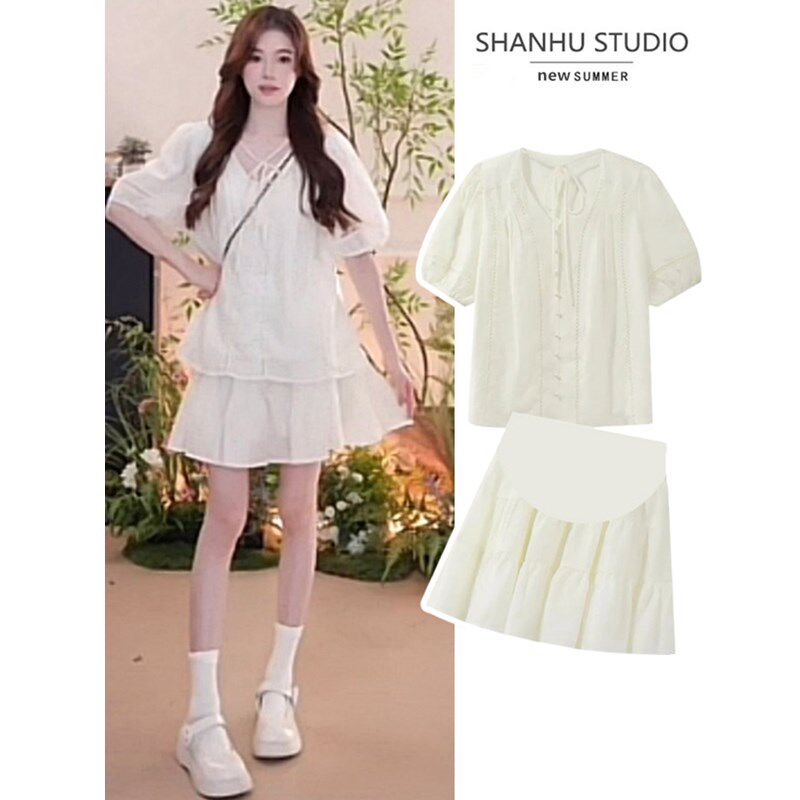 新品孕妇上衣夏装套装设计感V领泡泡袖t恤遮肚子T半身裙两件套夏
