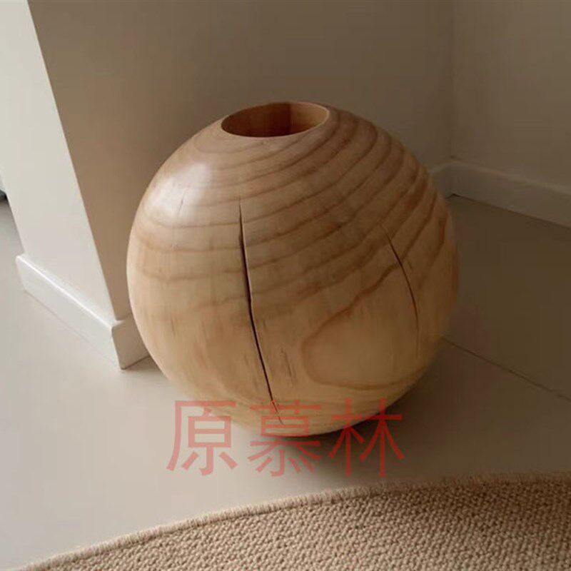 极速实木圆形花瓶禅意花器民宿侘寂风碳化创意圆球形落.地摆件网
