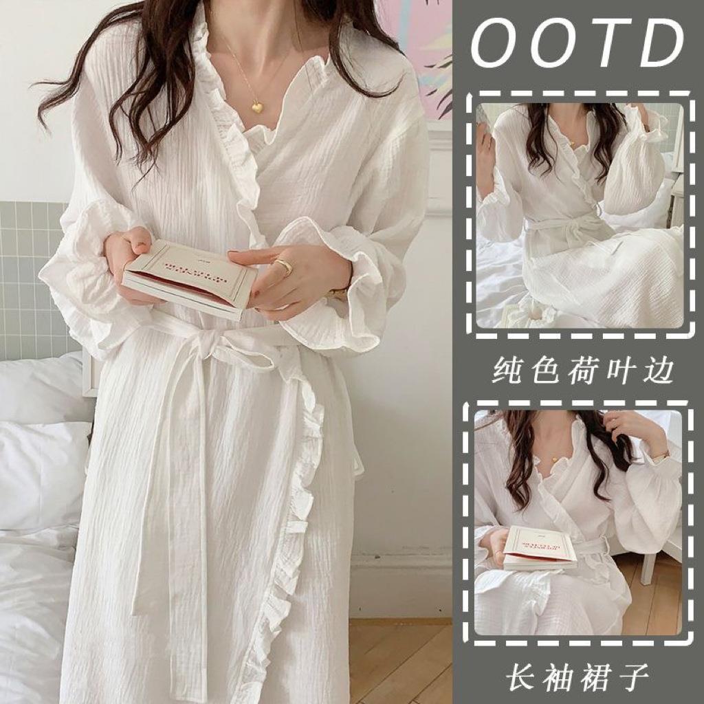 睡袍女款晨袍春秋冬季纯棉甜美花边系带浴衣袍夏天薄款家居服睡衣