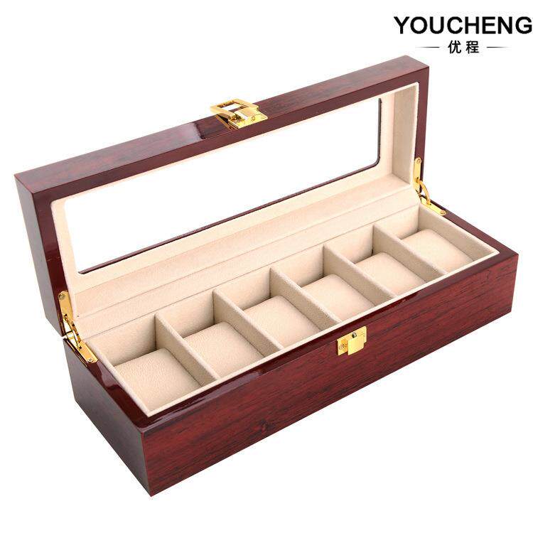 现货6位喷漆手表盒子翻盖亮光烤漆手表收纳箱木质手表包装盒