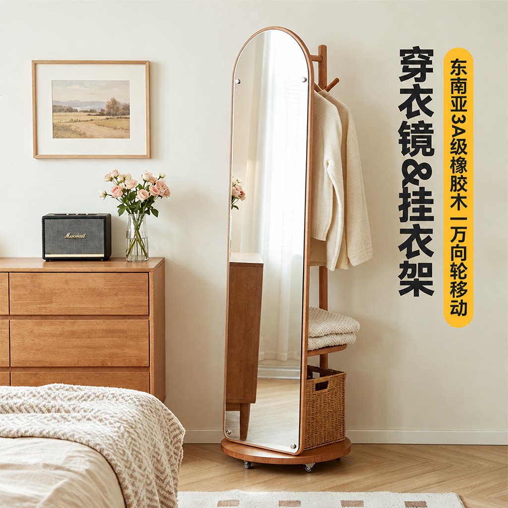 升级版全橡胶木实木可移动落地全身镜卧室穿衣镜衣帽架一体家用
