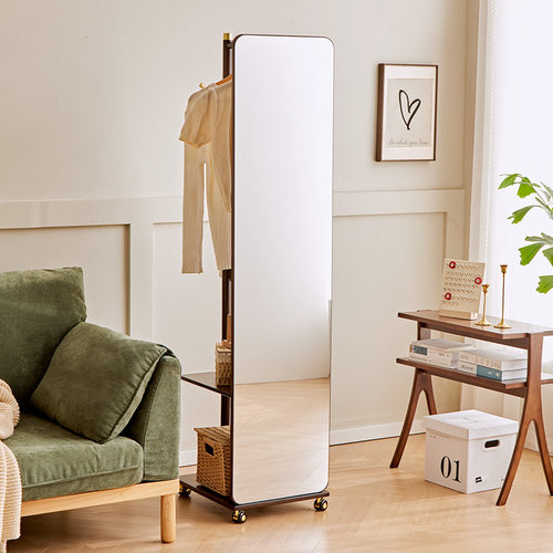实木全身镜落地镜卧室可旋转移动全身镜子带挂衣架一体全身镜