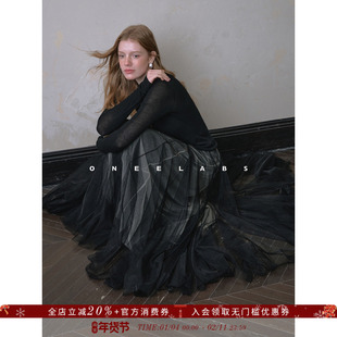 ONEELABS原创品牌 亮光纱面料 黑白多层渐变 优雅A字网纱半身裙女